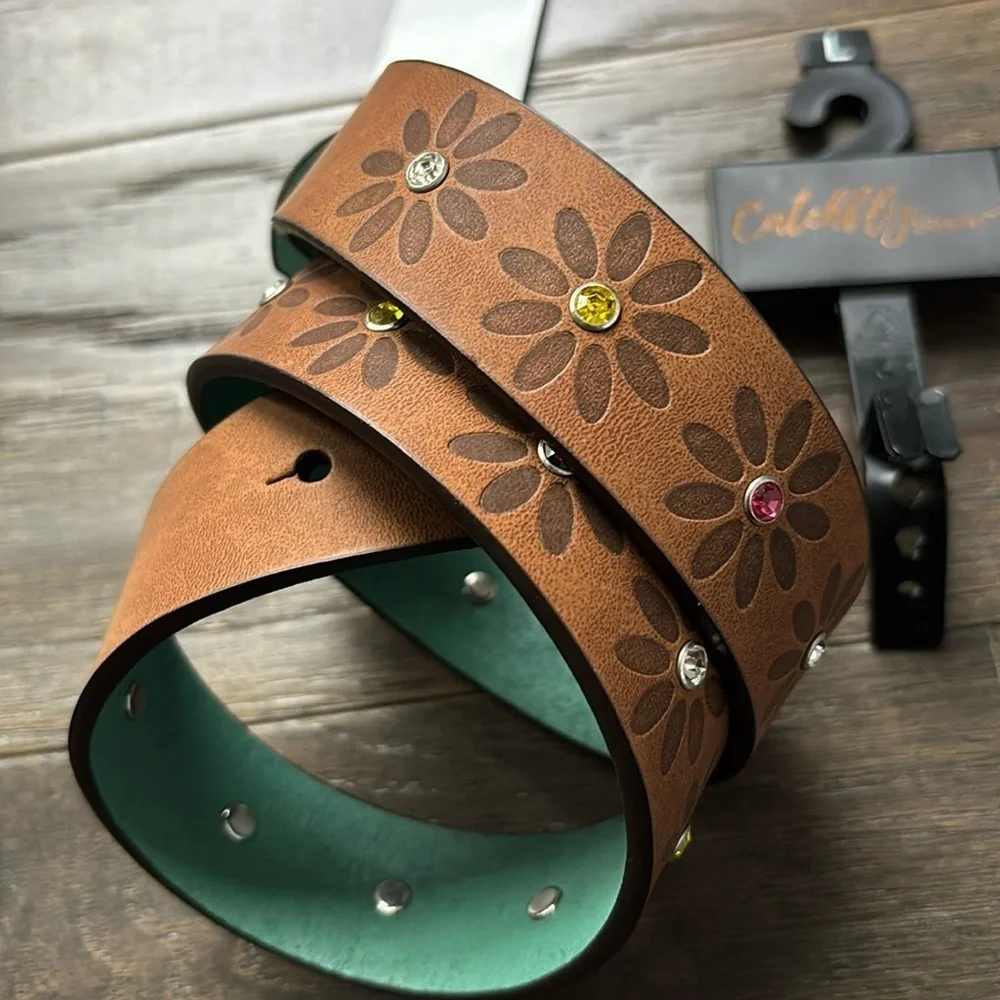 Catchfly Western Belt,Antique silver tone,Unicorn buckle,floral,rhinestones